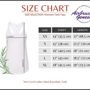 May include: Size chart for women's tank tops with measurements in inches and centimeters. The chart shows the chest and length measurements for sizes XS, S, M, L, and XL.