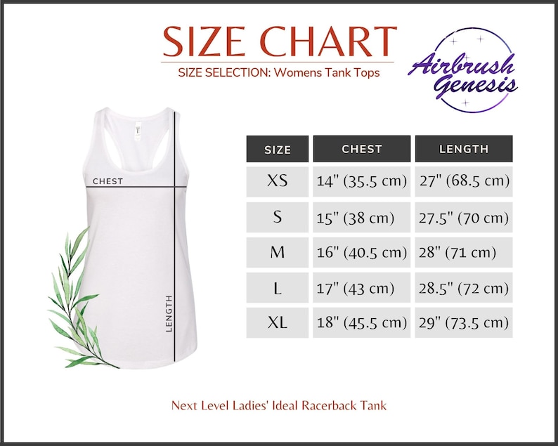 May include: Size chart for women's tank tops with measurements in inches and centimetres. The chart shows the chest and length measurements for sizes XS, S, M, L, and XL.