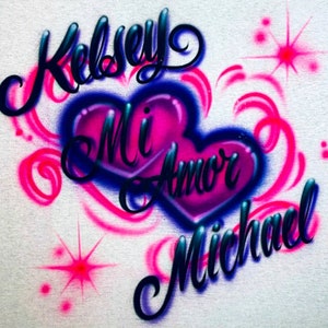 Airbrush T Shirt Double Hearts with Swirls Design