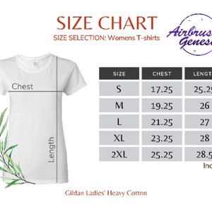 May include: Size chart for women's t-shirts, showing chest and length measurements in inches. The chart includes sizes S, M, L, XL, and 2XL. Gildan Ladies' Heavy Cotton.
