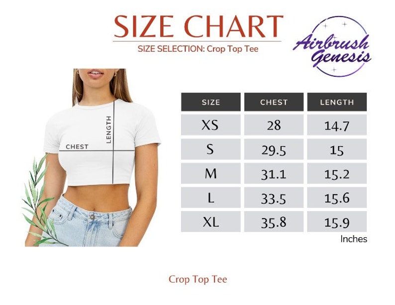 Może przedstawiać: Biały t-shirt crop top z tabelą rozmiar&oacute;w. Tabela zawiera rozmiary od XS do XL, obwody klatki piersiowej od 71,1 do 90,9 cm i długości od 37,3 do 40,4 cm. Widoczne jest logo marki "Airbrush Genesis".