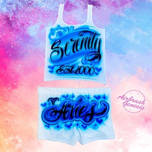 Personalized Airbrush Name Booty Shorts Crop Top | 90s Clothing | Aries Outfit | Birthday Outfit | Airbrush Outfit for Women Design