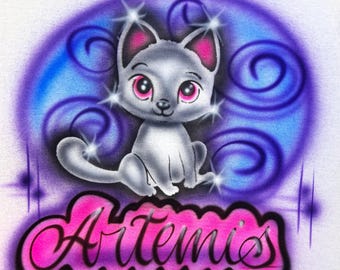 Airbrush T Shirt Cat Kitten Custom Script Name Design