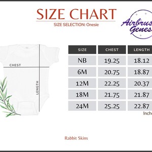 May include: Size chart for onesies, showing chest and length measurements in inches for newborn to 24 months.