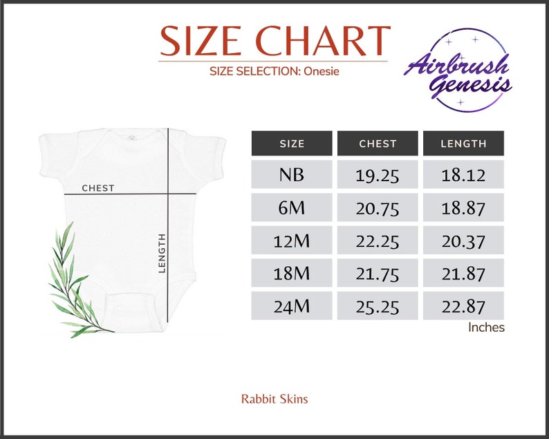 May include: Size chart for onesies, showing chest and length measurements in inches for newborn to 24 months.