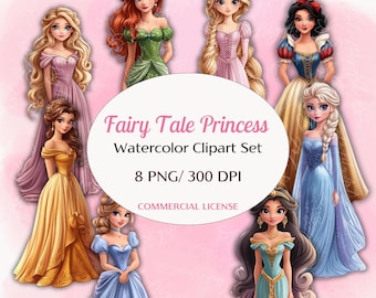 Set di clipart acquerello di principesse Disney stravaganti / Perfetto per artigianato e inviti