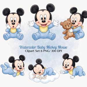 May include: A collection of six watercolour illustrations featuring Baby Mickey Mouse in various poses, wearing a light blue onesie and a yellow bib. The text reads Watercolor Baby Mickey Mouse Clipart Set 6 PNG/ 300 DPI. The character is shown sitting, hugging a teddy bear, lying down, and sleeping on a cloud with a small rabbit toy.