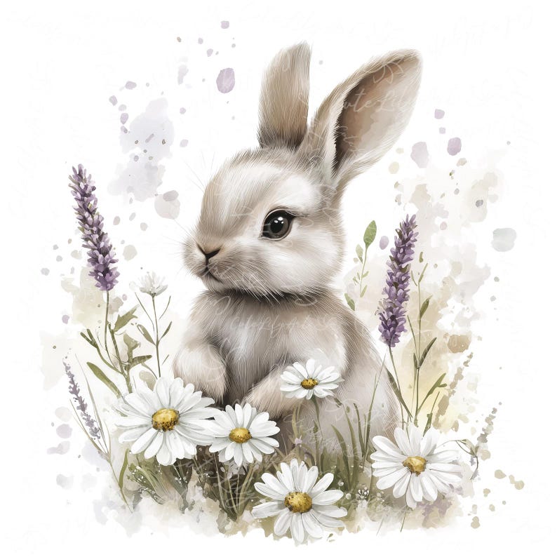 Puede incluir: Un lindo conejito blanco con orejas largas sentado en un campo de margaritas blancas y lavanda morada. El conejito est&aacute; mirando hacia la izquierda de la imagen. El fondo es una acuarela de azul claro y blanco.