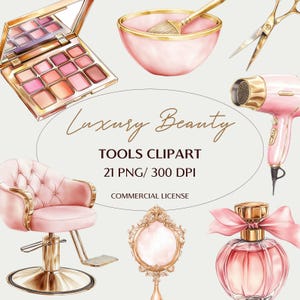 Luxe beautytools aquarel clipartset - 21 roze en gouden make-up haarillustraties hoge resolutie png-bestand voor beauty Branding Design
