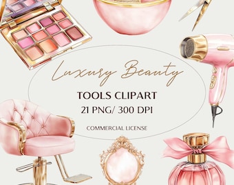 Luxury Beauty Tools Watercolor Clipart Set - 21 Pink and Gold Makeup Hair Illustrations High-Resolution PNG for Beauty Branding Design