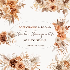 20 composizioni floreali Boho Chic Beige, Soft Orange e Brown - Acquerello, fiori secchi, Pampas Clipart