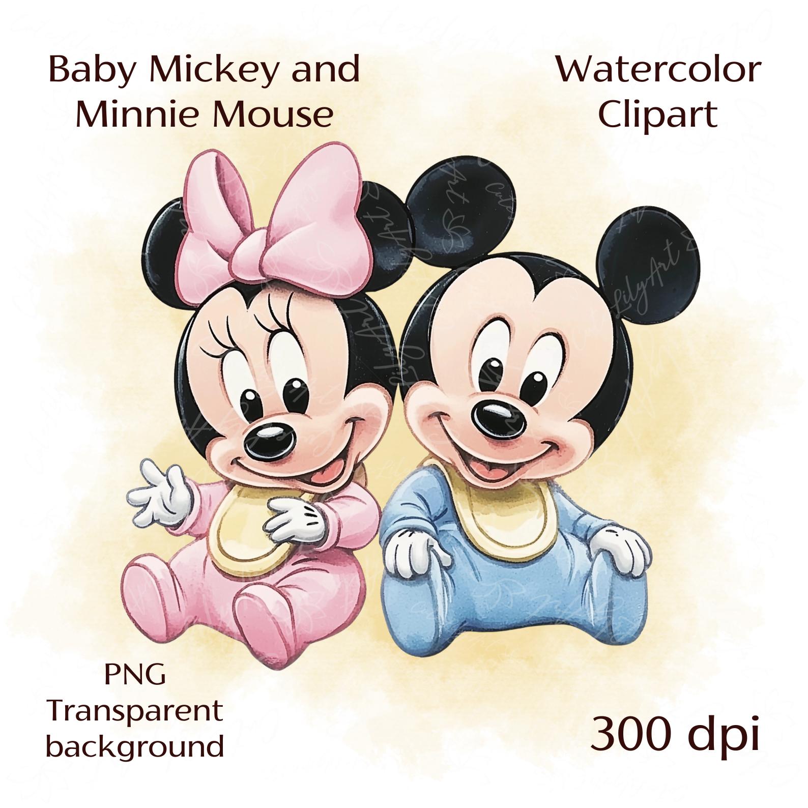 Baby Mickey and Minnie Mouse Watercolor Clipart - Baby Disney Clip Art for Baby Shower, Birthday Invitations, Nursery Decor