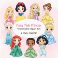 Watercolor Baby Princess Clipart | 9 Chibi Disney Princess Style PNG | Cute Bundle for Birthday Invitations & Party Decor