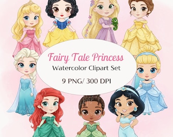 Puede incluir: Conjunto de imágenes prediseñadas de acuarela con nueve princesas de cuento de hadas con varios vestidos. Las princesas tienen ojos grandes y están rodeadas por un fondo rosa. El texto "Fairy Tale Princess Watercolor Clipart Set" está en el centro de la imagen.