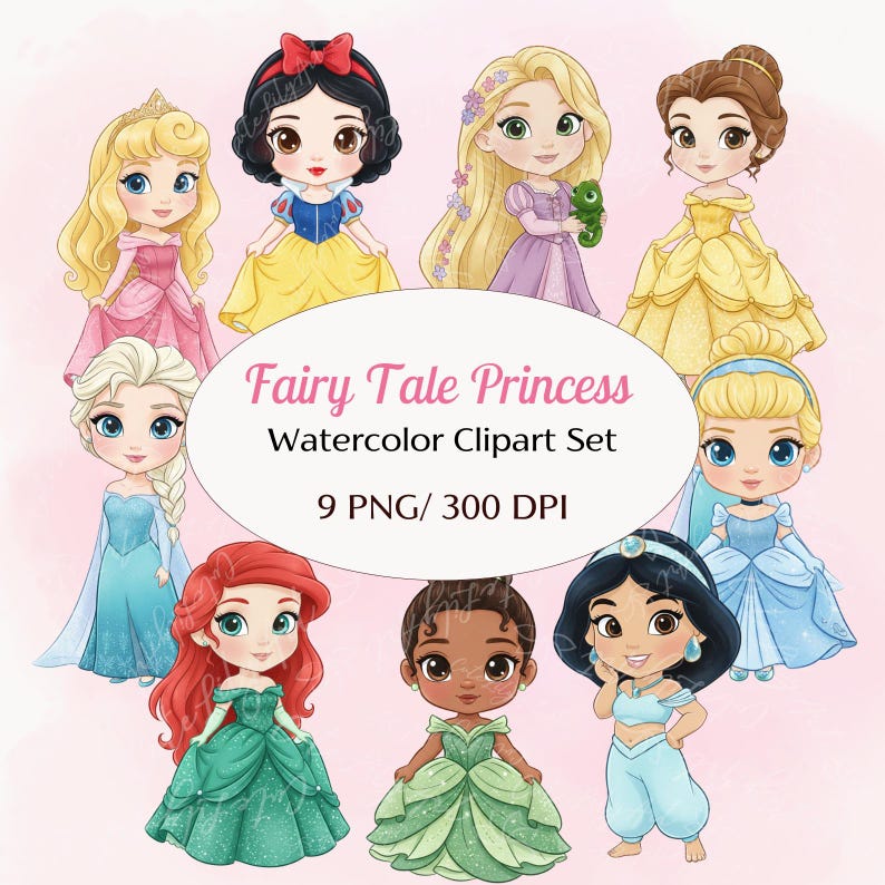 May include: Watercolor clipart set featuring nine fairytale princesses in various gowns. The princesses have large eyes and are surrounded by a pink background. The text "Fairy Tale Princess Watercolor Clipart Set" is in the center of the image.