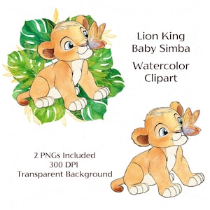 May include: Watercolor clipart of a baby Simba lion cub with a butterfly on its nose, set against green tropical leaves. The cub is light brown with blue eyes. Text reads "Lion King Baby Simba Watercolor Clipart."