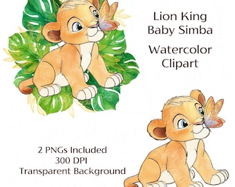 Baby Simba Watercolor Clipart PNG | Jungle Safari Lion with Butterfly + Tropical Leaves | Baby Shower Birthday Digital Download