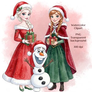 Puede incluir: Dos figuras animadas con gorros de Papá Noel rojos y ropa festiva, una con un vestido largo rojo y la otra con un vestido verde y capa roja, ambas sosteniendo regalos, acompañadas por un muñeco de nieve sonriente con nariz de zanahoria.