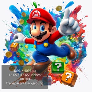 Super Mario Bros PNG Bundle | 5 Watercolor Splash Illustrations | Digital Download | High-Resolution Mario Clipart
