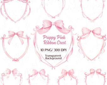 Puede incluir: Una colección de nueve escudos de cinta rosa estilo acuarela. Cada escudo presenta una forma de escudo con un lazo decorativo en la parte superior y cintas que fluyen. El texto "Preppy Pink Ribbon Crest" es visible en el centro.