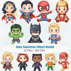 Może przedstawiać: Zbiór dwunastu obrazów clipart z superbohaterami dla dzieci. Postacie obejmują Wonder Woman, Supermana, Spider-Mana, Iron Mana, Hulka, Batmana, Kapitan Amerykę, Thora, Czarną Wdowę, Czarną Panterę, Aquamana i Flasha.