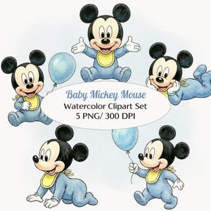 Acuarela estilo Mickey Mouse bebé • Arte azul para bebé niño • Imprimible para guardería • 5 PNG • 300 DPI
