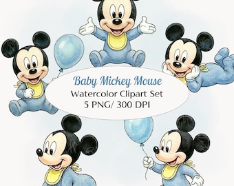 Baby Mickey Mouse Style Watercolor • Blue Baby Boy Art • Nursery Printable • 5 PNG • 300 DPI