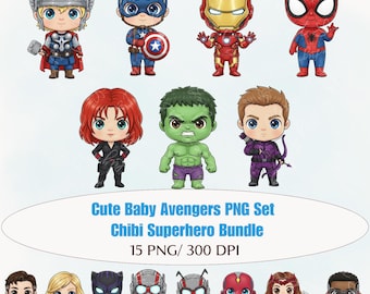 May include: A collection of chibi-style superhero characters, including Thor, Captain America, Iron Man, and Spider-Man. The image also features Black Widow, Hulk, Hawkeye, and others. The text "Cute Baby Avengers PNG Set Chibi Superhero Bundle" is displayed.