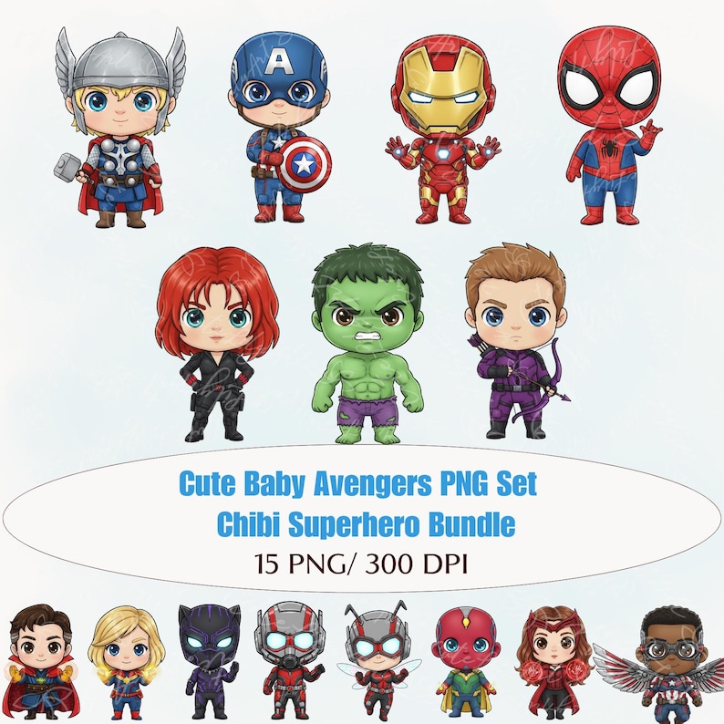 Peut inclure: Ensemble de personnages de super-h&eacute;ros de style chibi, dont Thor, Captain America, Iron Man et Spider-Man. L'image pr&eacute;sente &eacute;galement Black Widow, Hulk, Hawkeye, et d'autres. Le texte "Cute Baby Avengers PNG Set Chibi Superhero Bundle" est affich&eacute;.