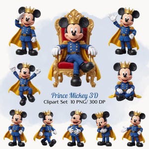 Puede incluir: Un conjunto de imágenes prediseñadas 3D que muestran a Mickey Mouse como príncipe. Mickey viste un uniforme azul con detalles dorados, una corona dorada y una capa amarilla. Una imagen muestra a Mickey sentado en un trono dorado. El texto "Prince Mickey 3D Clipart Set" es visible.