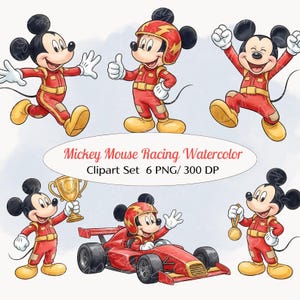 Könnte beinhalten: Aquarell-Clipart-Set mit Mickey Mouse im Rennsport-Thema. Mickey wird in verschiedenen Posen dargestellt, darunter Laufen, Daumen hoch, Springen, Halten einer Trophäe, Fahren eines Rennwagens und Halten einer Medaille. Der Text lautet "Mickey Mouse Racing Watercolor".