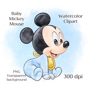 Baby Mickey Mouse Watercolor Clipart | Cute Baby Disney Character | Digital Download PNG | Nursery Wall Art | Party Decoration