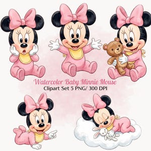 Peut inclure: Un ensemble d'illustrations numériques montrant cinq poses d'un bébé Minnie Mouse portant une grenouillère rose et un bavoir jaune, avec un grand nœud rose sur la tête. Le texte indique Watercolor Baby Minnie Mouse Clipart Set 5 PNG/ 300 DPI.