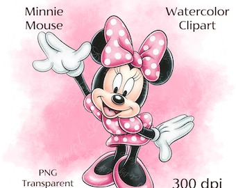 Watercolor Minnie Mouse Clipart PNG | Pink Polka Dot Dress | Cute Disney Style Digital Art | Baby Girl Party | Instant Download