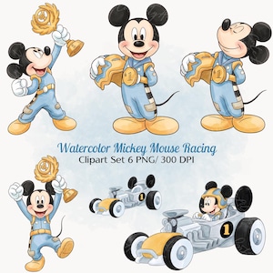 May include: A digital illustration set featuring Mickey Mouse in a light blue racing suit with yellow accents. The character is shown holding a gold trophy, wearing a number one medal, and driving a silver race car with the number one on the side.