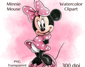 Minnie Mouse Watercolor Clipart - Cute Disney Character PNG - 300 DPI Digital Download - Transparent Background for Invitations