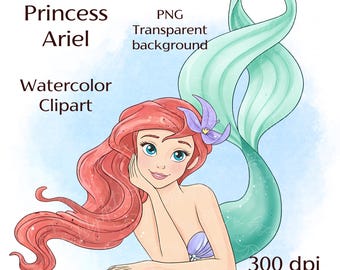 Watercolor Little Mermaid Clipart | Ariel Princess PNG | Cute Cartoon Digital Download for Invitations & Party Decor