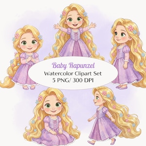 May include: A watercolour clipart set showing five images of a baby with long blonde hair, wearing a lavender dress and flower accents. The text "Baby Rapunzel Watercolor Clipart Set 5 PNG/ 300 DPI" is included.