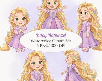 Puede incluir: Conjunto de imágenes prediseñadas de acuarela con cinco ilustraciones de un bebé con cabello rubio largo, que usa un vestido lavanda y detalles florales. Se incluye el texto "Baby Rapunzel Watercolor Clipart Set 5 PNG/ 300 DPI".