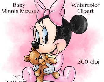 Aquarell Baby Minnie Clipart | Niedliche Rosa Minnie Maus mit Teddy Bär | Digitaler Download für Einladungen & Party Dekoration