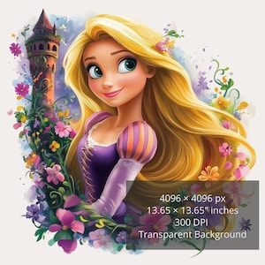 5 PNG Rapunzel Splash en aquarel | Disney-prinses-clipart | Transparante achtergrond voor stickers en T-shirts