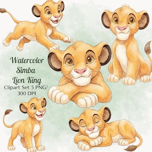 May include: A digital collection of five watercolor illustrations featuring a young lion cub in various poses, including running, sitting, lying down, and resting. The text reads: Watercolor Simba Lion King Clipart Set 5 PNG/ 300 DPI.