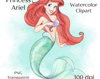 Watercolor Little Mermaid Clipart | Ariel Inspired Princess PNG | Cute Cartoon Digital Download for Invitations & Party Decor