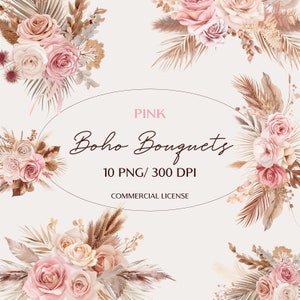 Pode incluir: Um download digital de 10 buquês boho rosa e bege com capim-das-pampas seco, folhas de palmeira e rosas. O texto "PINK Boho Bouquets 10 PNG/300 DPI COMMERCIAL LICENSE" é exibido em um fundo branco.