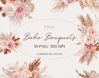 10 Elegant Boho Chic Pink and Ivory Floral Arrangements - Watercolor, Boho Flower Clipart, Dried Flower, Pampas Clipart, Boho Bouquet