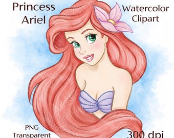 Ariel Watercolor Clipart, Little Mermaid PNG (Digital Download)