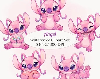 May include: Watercolor clipart set featuring five pink cartoon characters with large ears and expressive eyes. The characters are in various poses, some holding flowers or a heart. The text "Angel" and "Watercolor Clipart Set 5 PNG/ 300 DPI" is included.