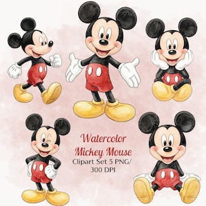 Peut inclure: Une collection numérique de cinq illustrations à l'aquarelle de Mickey Mouse dans diverses poses, marchant, debout, assis, faisant un clin d'œil. Le texte indique Watercolor Mickey Mouse Clipart Set 5 PNG/ 300 DPI.
