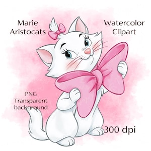 Puede incluir: Ilustración de acuarela de Marie de Los Aristogatos. La gatita blanca tiene un lazo rosa en la cabeza y un lazo rosa grande alrededor del cuello. El fondo es un suave lavado de acuarela rosa. El texto incluye "Marie Aristocats", "Watercolor Clipart", "PNG Transparent background", y "300 dpi".