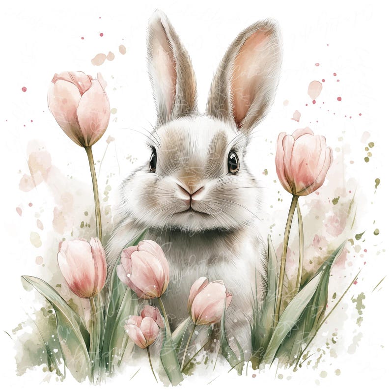 Puede incluir: Una ilustraci&oacute;n de acuarela de un lindo conejito con pelaje suave marr&oacute;n y orejas rosadas, rodeado de tulipes rosas con tallos y hojas verdes. El fondo es un blanco suave con salpicaduras de acuarela.